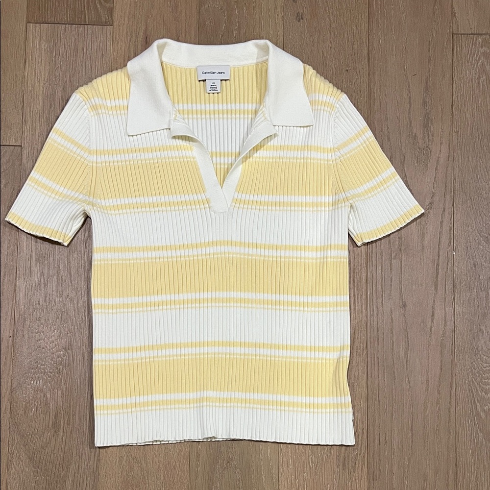 Calvin Klein Yellow and White Ribbed Knit Top
